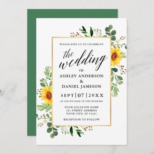 Waterverf Greenery Sunflower Calligraphy Wedding Kaart (Voorkant / Achterkant)