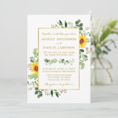 Waterverf Greenery Sunflower Foto Gold Wedding Kaart (Staand voorkant)