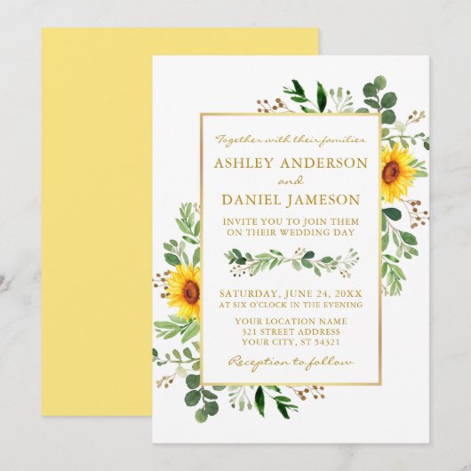 Waterverf Greenery Sunflower Gold Lijst Wedding Kaart (Voorkant / Achterkant)