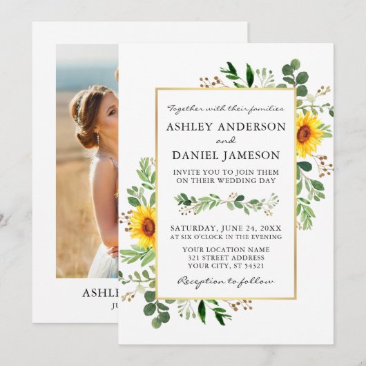 Waterverf Greenery Sunflower Gold Photo Wedding Kaart (Voorkant / Achterkant)
