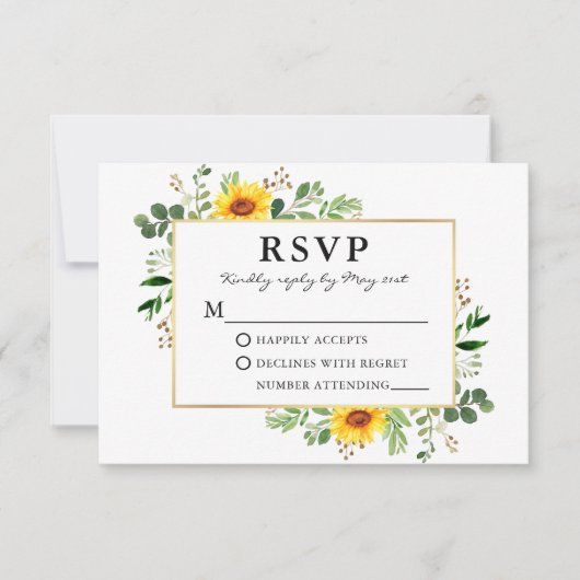 Waterverf Greenery Sunflower Gold Wedding RSVP Kaartje (Voorkant)