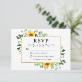 Waterverf Greenery Sunflower Gold Wedding RSVP Kaartje (Staand voorkant)