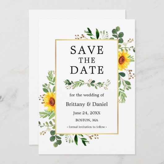 Waterverf Greenery Sunflower Save the Date Kaart (Voorkant / Achterkant)