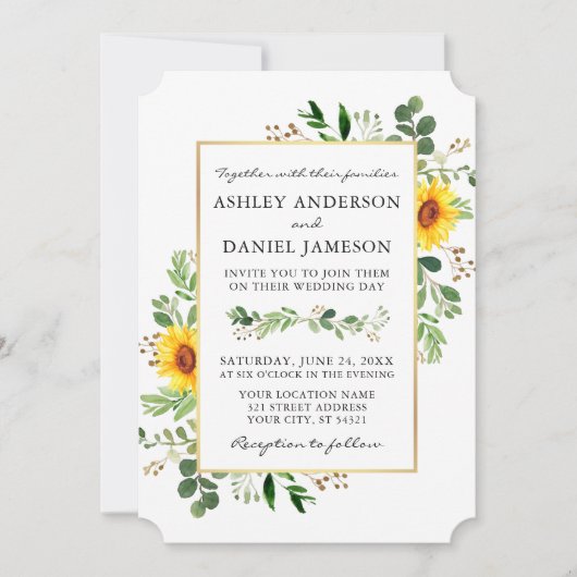 Waterverf Greenery Sunflower Wedding Gold Kaart (Voorkant)