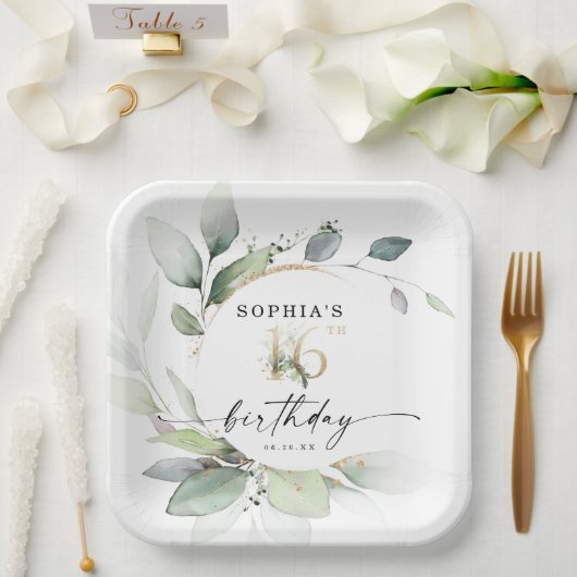 Waterverf Greenery Sweet 16th Birthday Papieren Bordje (Huwelijk)