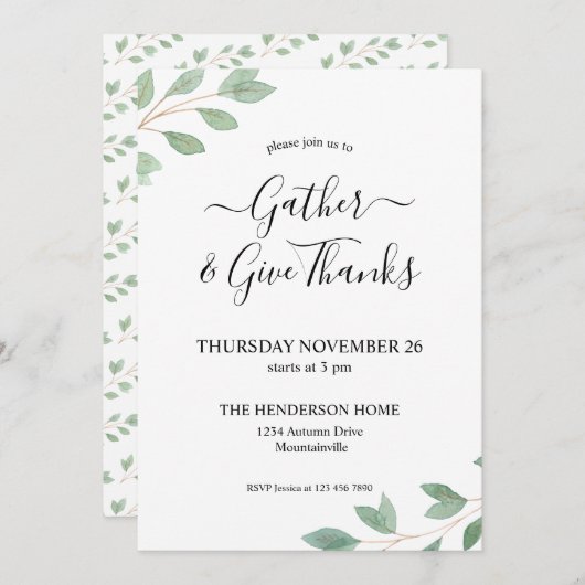 Waterverf Greenery Thanksgiving Dinner Kaart (Voorkant / Achterkant)