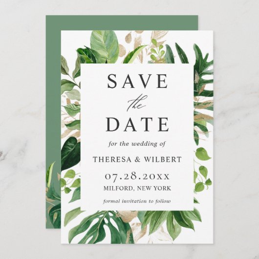 Waterverf Greenery Tropical Palm Leaves Wedding Save The Date (Voorkant / Achterkant)