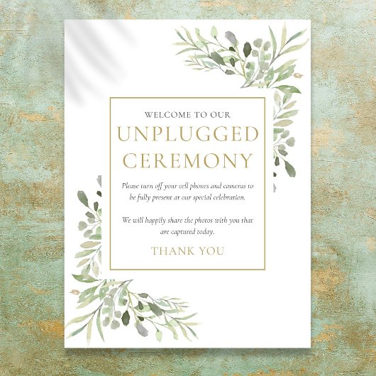 Waterverf Greenery Unplugged Ceremony Sign Poster