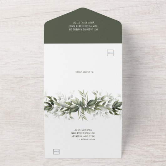 Waterverf Greenery verlaat bruiloft All In One Uitnodiging (Buitenkant)