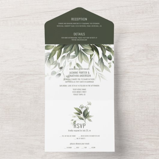 Waterverf Greenery verlaat bruiloft All In One Uitnodiging (Binnen)