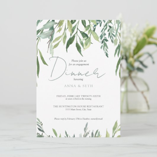 Waterverf Greenery Verloving Dinner Kaart (Staand voorkant)