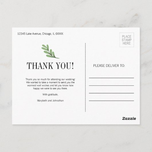 Waterverf Greenery Wedding Bedankt Briefkaart (Achterkant)