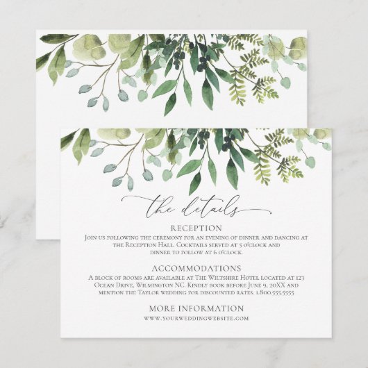 Waterverf Greenery Wedding Details Enclosure Card RSVP Kaartje (Voorkant / Achterkant)