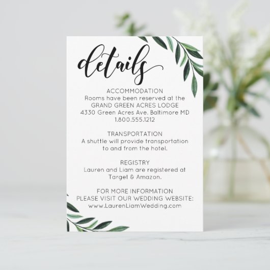 Waterverf Greenery Wedding Details Informatiekaartje (Staand voorkant)