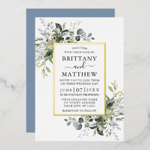 Waterverf Greenery Wedding Dusty Blue Gold