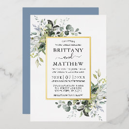 Waterverf Greenery Wedding Dusty Blue Gold Folie Uitnodiging