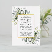 Waterverf Greenery Wedding Dusty Blue Gold Folie Uitnodiging (Staand Voorkant)
