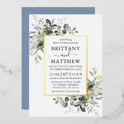 Waterverf Greenery Wedding Dusty Blue Gold Folie Uitnodiging (Voorkant / Achterkant)