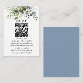 Waterverf Greenery Wedding Dusty Blue QR RSVP Informatiekaartje (Voorkant / Achterkant)