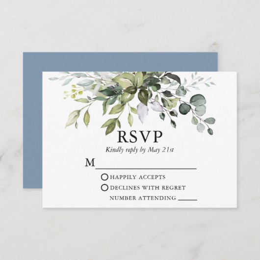 Waterverf Greenery Wedding Dusty Blue RSVP Kaartje (Voorkant / Achterkant)