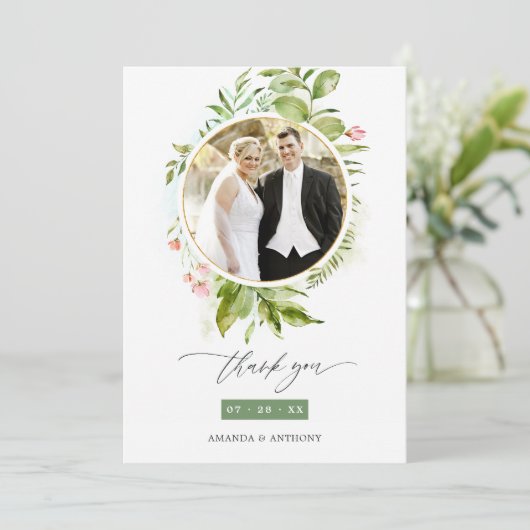 Waterverf Greenery Wedding Foto Bedankkaart (Staand voorkant)
