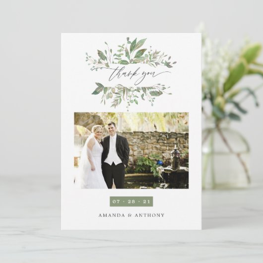 Waterverf Greenery Wedding Foto Bedankkaart (Staand voorkant)