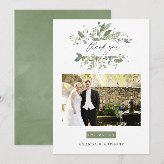 Waterverf Greenery Wedding Foto Bedankkaart (Voorkant / Achterkant)