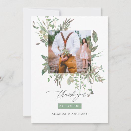 Waterverf Greenery Wedding Foto Bedankkaart (Voorkant)