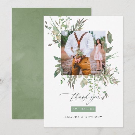Waterverf Greenery Wedding Foto Bedankkaart (Voorkant / Achterkant)