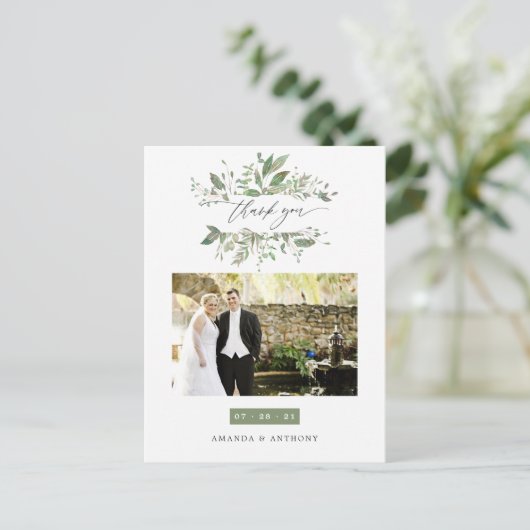 Waterverf Greenery Wedding Foto Dank je Briefkaart (Staand voorkant)