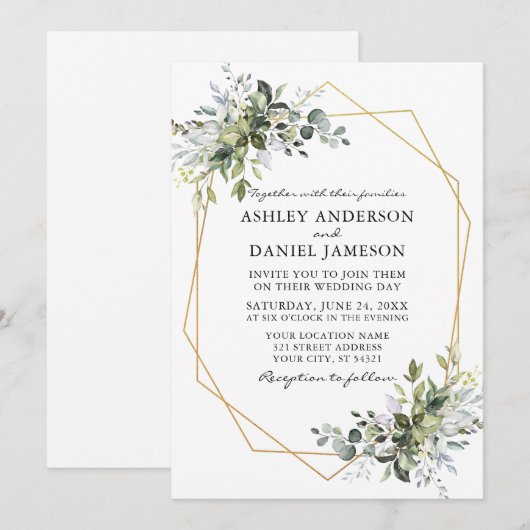 Waterverf Greenery Wedding Geometric Lijst Kaart (Voorkant / Achterkant)