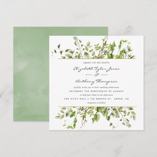 Waterverf Greenery Wedding Invitation Kaart (Voorkant / Achterkant)