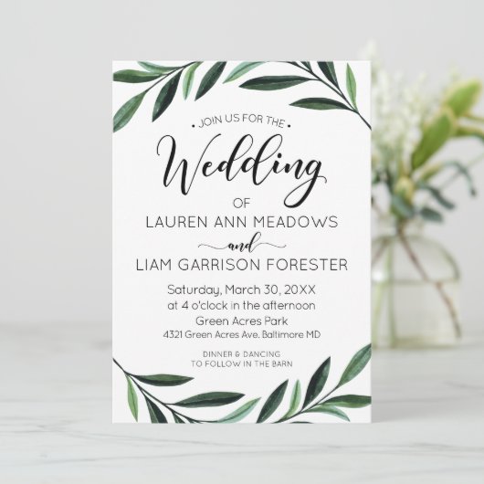 Waterverf Greenery Wedding Invitation Kaart (Staand voorkant)