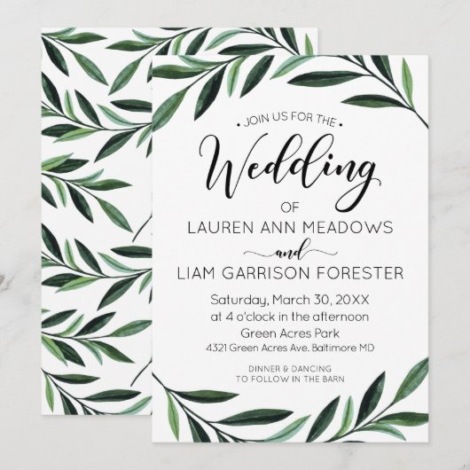 Waterverf Greenery Wedding Invitation Kaart (Voorkant / Achterkant)