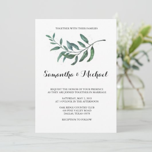 Waterverf Greenery Wedding Invitation Kaart (Staand voorkant)