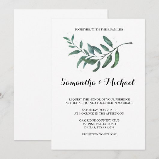 Waterverf Greenery Wedding Invitation Kaart (Voorkant / Achterkant)
