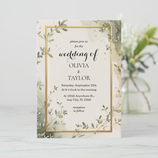 Waterverf Greenery Wedding Kaart (Staand voorkant)