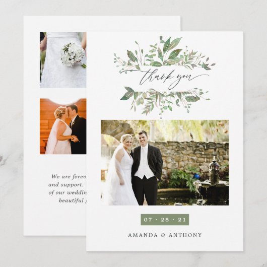 Waterverf Greenery Wedding Photo Collage Bedankkaart (Voorkant / Achterkant)