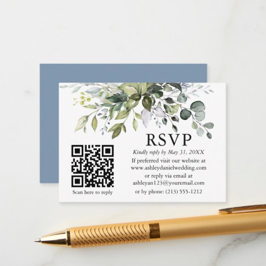 Waterverf Greenery Wedding QR RSVP Dusty Blue Informatiekaartje (Voorkant / Achterkant in situ)