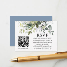 Waterverf Greenery Wedding QR RSVP Dusty Blue Informatiekaartje