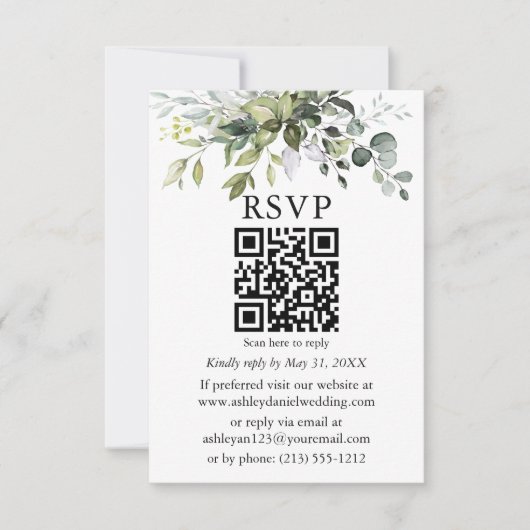 Waterverf Greenery Wedding QR RSVP Kaart (Voorkant)
