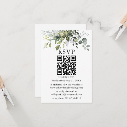 Waterverf Greenery Wedding QR RSVP Kaart (Voorkant / Achterkant in situ)