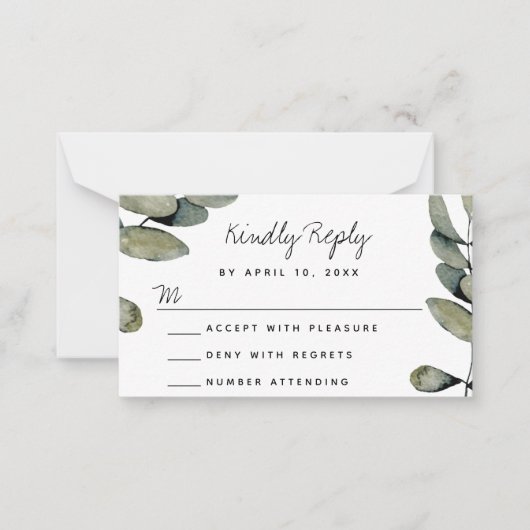 Waterverf Greenery Wedding Response RSVP-kaart Notitiekaartje (Voorkant)