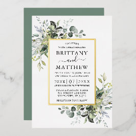 Waterverf Greenery Wedding Sage Green Gold Folie Uitnodiging