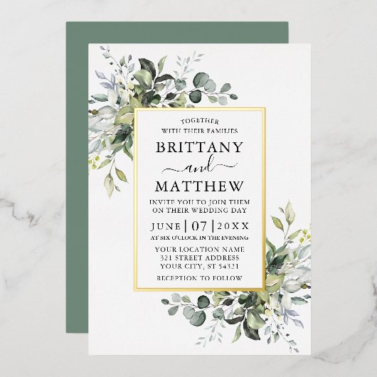 Waterverf Greenery Wedding Sage Green Gold Folie Uitnodiging (Voorkant / Achterkant)
