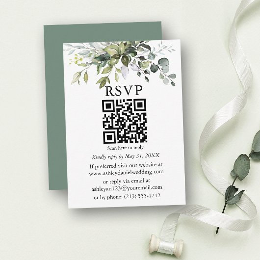 Waterverf Greenery Wedding Sage Green QR RSVP Informatiekaartje