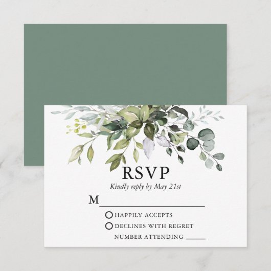 Waterverf Greenery Wedding Sage Green RSVP Card (Voorkant / Achterkant)