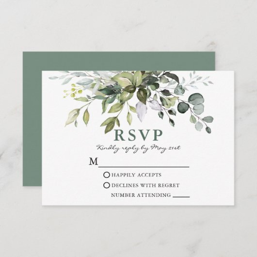 Waterverf Greenery Wedding Sage Green RSVP Kaartje (Voorkant / Achterkant)