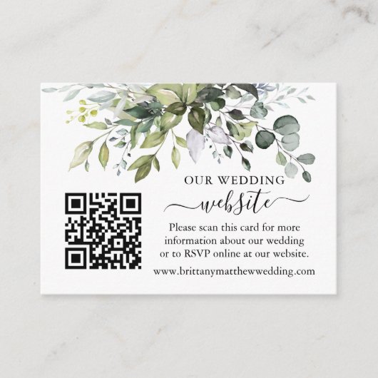 Waterverf Greenery Wedding Website QR Dusty Blue Informatiekaartje (Voorkant)