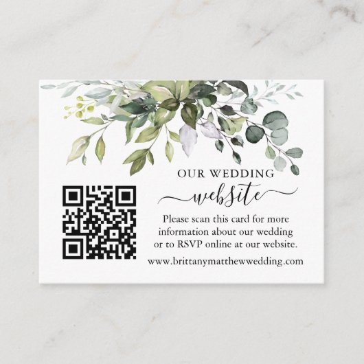 Waterverf Greenery Wedding Website QR Sage Green Informatiekaartje (Voorkant)